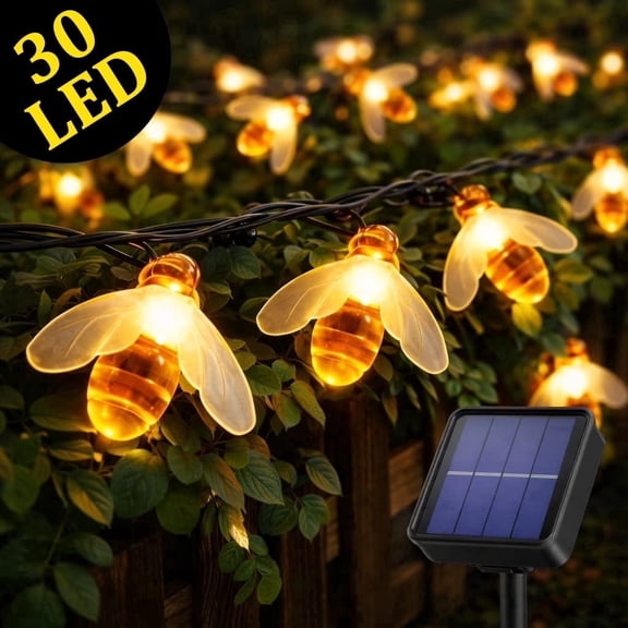 Solar String Lights Outdoor, Honey Bee Fairy String Lights, 16Ft 30LED Waterproof 8 Modes Outdoor Garden Lighting for Patio, Fence, Lawn, Party, Holiday Decor(Warm White)