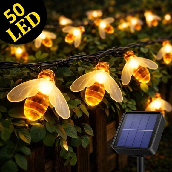 Lezonic Solar String Lights Outdoor, Honey Bee Fairy String Lights, 7M/24Ft 50LED Waterproof 8 Modes Outdoor Garden Lighting for Patio, Fence, Lawn, Party, Holiday Decor(Warm White)