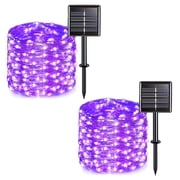 QiShi Solar String Lights Outdoor, Mini 33Feet 100 LED Copper Wire Lights, 8 Modes Solar Powered Fairy Lights, Waterproof Solar Decoration Lights for Garden Yard Party Wedding ChristmasPurple-2Pack