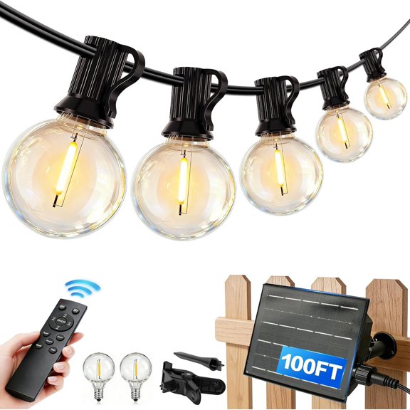 Solar String Lights Outdoor with Remote & USB Port, 100FT +2 G40 Shatterproof Edsion Bulbs, Dimmable & Timable, 3 Light Modes, Patio Lights Solar for Camping Backyard Garden Decor