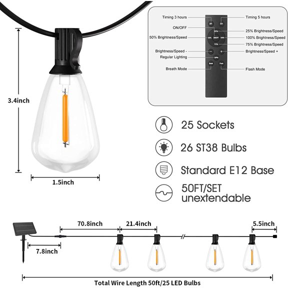 Solar String Lights Outdoor Waterpoof 50ft with 25pcs Dimmable Shatterproof ST38 Vintage Bulb,Remote Solar Powered Bistro,Cafe & Patio Lights$$Tools & Hardware Other