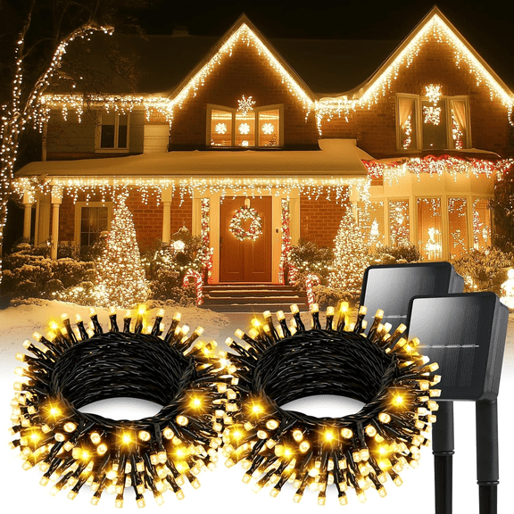 Solar String Lights Outdoor Waterproof 2-Pack Total 200 LEDs 66-Foot Flashing Lights Auto on/Off Solar-Powered LED Fairy Lights Green Cables 8 Modes Perfect for Christmas Trees, Parties, Weddings, Ga
