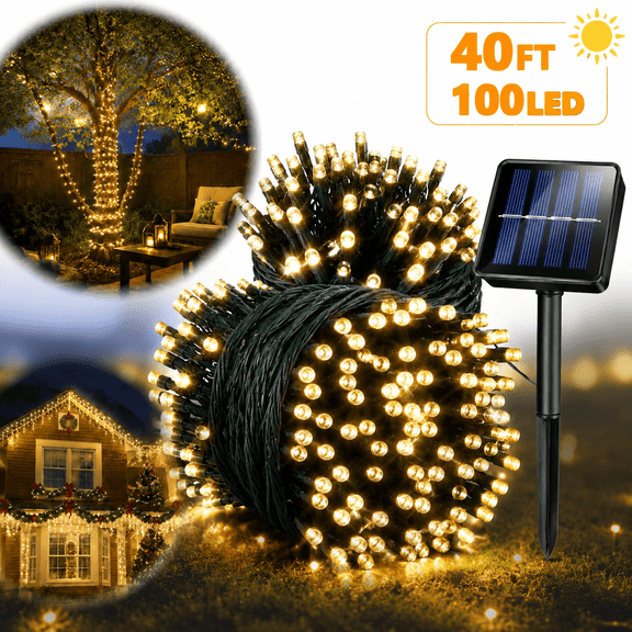 Solar String Lights Outdoor Waterproof- 40 FT 100 LED Solar Powered String Lights with 8 Lighting Modes, IP65 Waterproof Solar Christmas Lights for Outdoor Outside Tree Party Decor, Warm White
