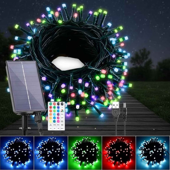 Solar String Lights Outdoor Waterproof, Colors Changing LED Christmas Lights Solar Powered & USB with Remote, RGB Fairy Lighting for Outside Tree Fence Party Indoor Decor