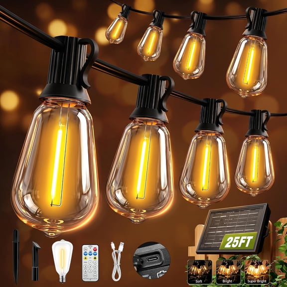 Solar String Lights Outdoor Waterproof with Remote & Timer, LED Shatterproof ST38 Bulbs, USB Powered Patio for Backyard, Porch, Garden, Wedding, Christmas Decor (25FT)