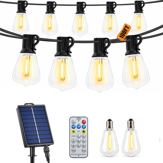 LEACUBER 100FT Solar String Lights Outdoor Waterproof, 8 Light Modes, Remote Dimmable & Timer, LED Shatterproof ST38 Bulbs, USB & Solar Powered for Backyard, Garden, Camping & Christmas Decor