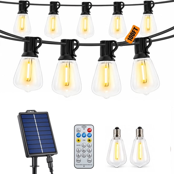 LEACUBER 100FT Solar String Lights Outdoor Waterproof, 8 Light Modes, Remote Dimmable & Timer, LED Shatterproof ST38 Bulbs, USB & Solar Powered for Backyard, Garden, Camping & Christmas Decor