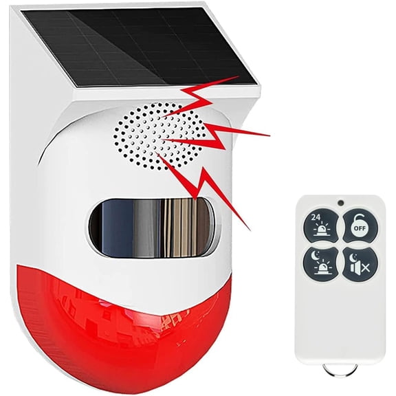 Solar Strobe Alarm Light with Motion Sensor Siren Outdoor Alarm Siren with Remote Controller 120db Sound Security Siren Light IP65 Waterproof and 4 Modes for Home,Farm,Barn,Villa,Yard
