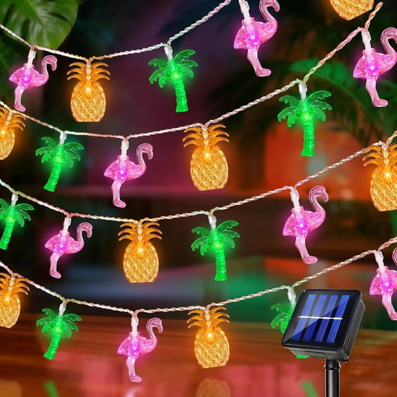 Solar Summer Hawaiian Outdoor Lights, 16Ft 40 LED Flamingo Pineapple Palm Tree String Lights Waterproof Powered Tropical Beach Pool with 2 Mode for Luau Aloha Theme Party Decor