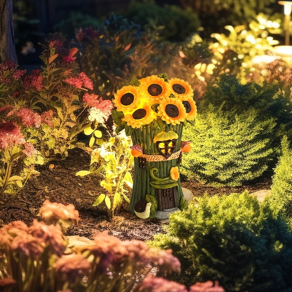 Solar Sunflower Fairy House Garden Statue with LED Lights, 7.87" Resin Outdoor Decor for Patio, Yard, Lawn