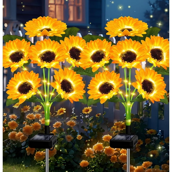 Solar Sunflower Lights 2 Pack, 12 LED Outdoor Decorative Flower Stakes Waterproof Garden Lights, Landscape Patio Yard Lawn Decor, Sunflower Gifts for Mom Women Grandma Birthday