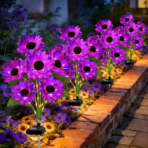 Solar Sunflower Lights Outdoor Garden Decor, 4 Pack Solar Purple Flowers Lights with 24 Sunflowers, Waterproof Fall Decor Stake Decorative Light Auto ON/Off for Garden Yard Patio, Gift for Women$$