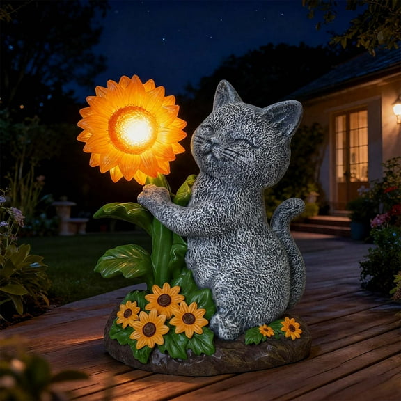 Lnrkai Solar Sunflower Memorial Cat Statue - Outdoor Resin Garden Sculpture Patio Yard Gravesite Decor, Sympathy Gift for Pet Loss