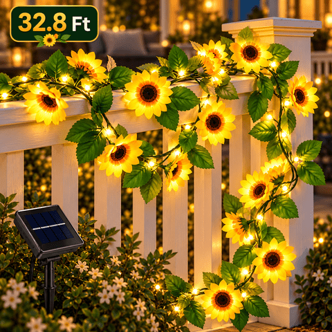 PEUHOP 32.8 Ft Solar Sunflower String Lights Outdoor, 8 Modes Warm White Solar Flower Lights for Garden, Patio, Fence, Porch and Yard