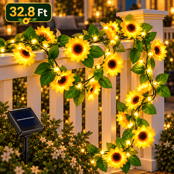 PEUHOP 32.8 Ft Solar Sunflower String Lights Outdoor, 8 Modes Warm White Solar Flower Lights for Garden, Patio, Fence, Porch and Yard