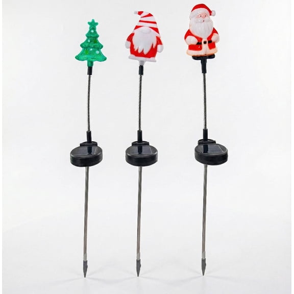 Solar Swinging Christmas Lights  Flexible Stems with Tree, Elf, Santa Toppers, Solar Powered 3pc Set for Garden Pathways Outdoor Decor