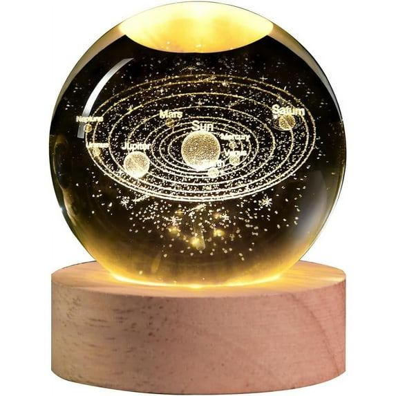 Solar System 3D Crystal Ball Night Light with Stand, Laser Etched Crystal Paperweight Decorative Balls Gifts