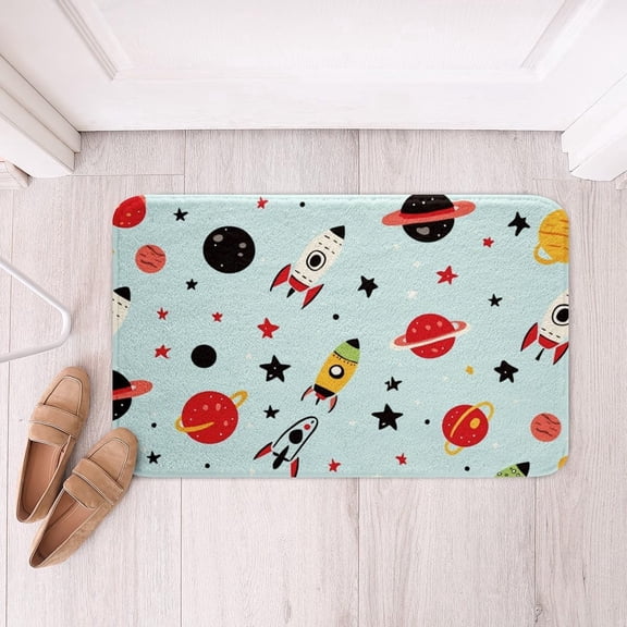 Solar System Bathroom Rugs Microfiber 16"x24" Cartoon Galaxy Soft Fleece Door Carpet Space Rocket Non Slip Bath Mat Blue Star Print Bathroom Floor Indoor Doormat,16x24 Inch