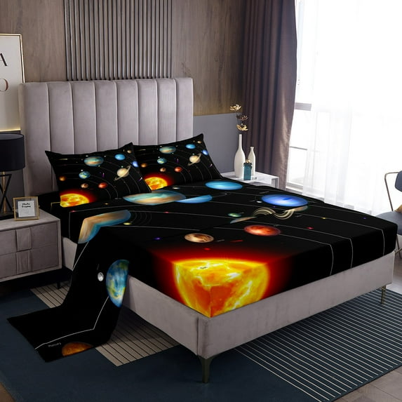 Solar System Bed Sheets Set Twin Size Outer Space Fitted Sheet Universe Themed Decor Sheet Set for Teens Galaxy Planet Flat Sheet Space Theme Bedding Set with 1 Pillowcase