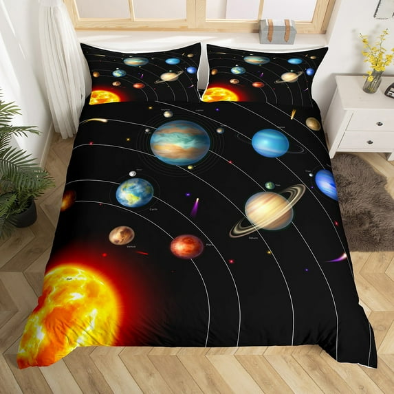 Solar System Bedding Set Full Size Outer Space Duvet Cover Universe Themed Decor Comforter Cover for Teens Galaxy Planet Bedding Space Theme Bedspread Cover with 2 Pillowcases