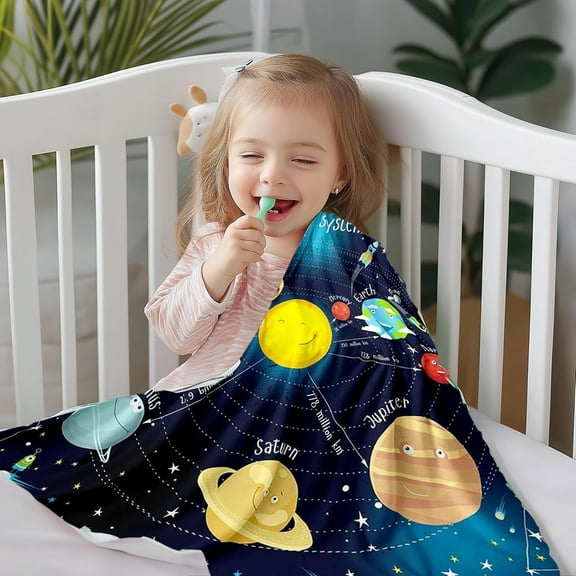Solar System Blanket for Kids Boys Girls,Outer Space Throw Blanket 40x50,Galaxy Theme Planet Fleece Blanket,Starry Sky Cosmic Glitter Stars Flannel Blanket Home Room Decor