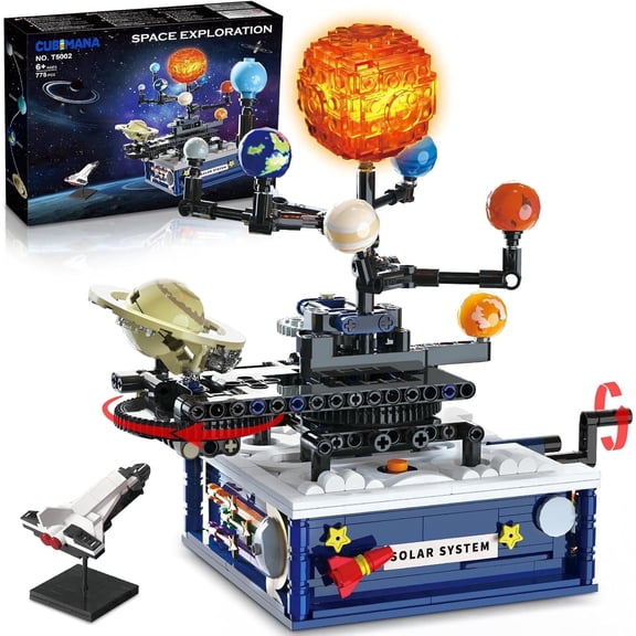 Solar System Building Set with Lights, Glowing Sun & 8 Planets & Rocket Set, Rotatable Space Toy for Astronomy (775 Pcs)