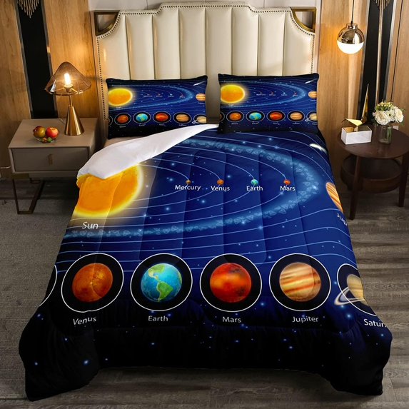 Solar System Comforter Set Full Galaxy Bedding Set Outer Space Down Comforter Starry Sky Universe Planets Duvet Set Room Decor Super Soft Astronomy Quilt Duvet Insert, Blue