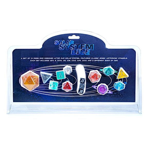Solar System Dice - 14pc RPG Resin Set, Unique Die For Each Planet Or Solar System Object, Greek-Medieval Astronomy Symbols