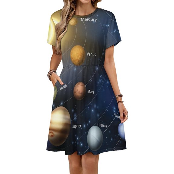 Solar System Dress Fashion Beach Short Sleeve Dresses Female Party Printed Sundress