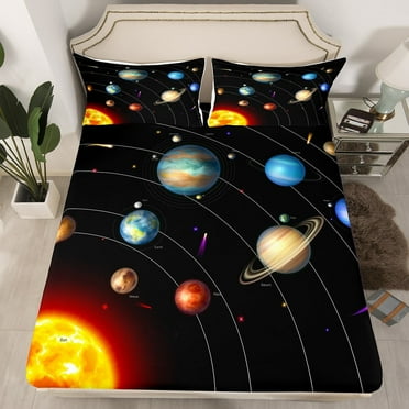 Solar System Fitted Sheet Full Size Outer Space Bed Sheets Universe Themed Decor Bed Set for Teens Galaxy Planet Bedding Set Space Theme Bedding with 2 Pillowcases