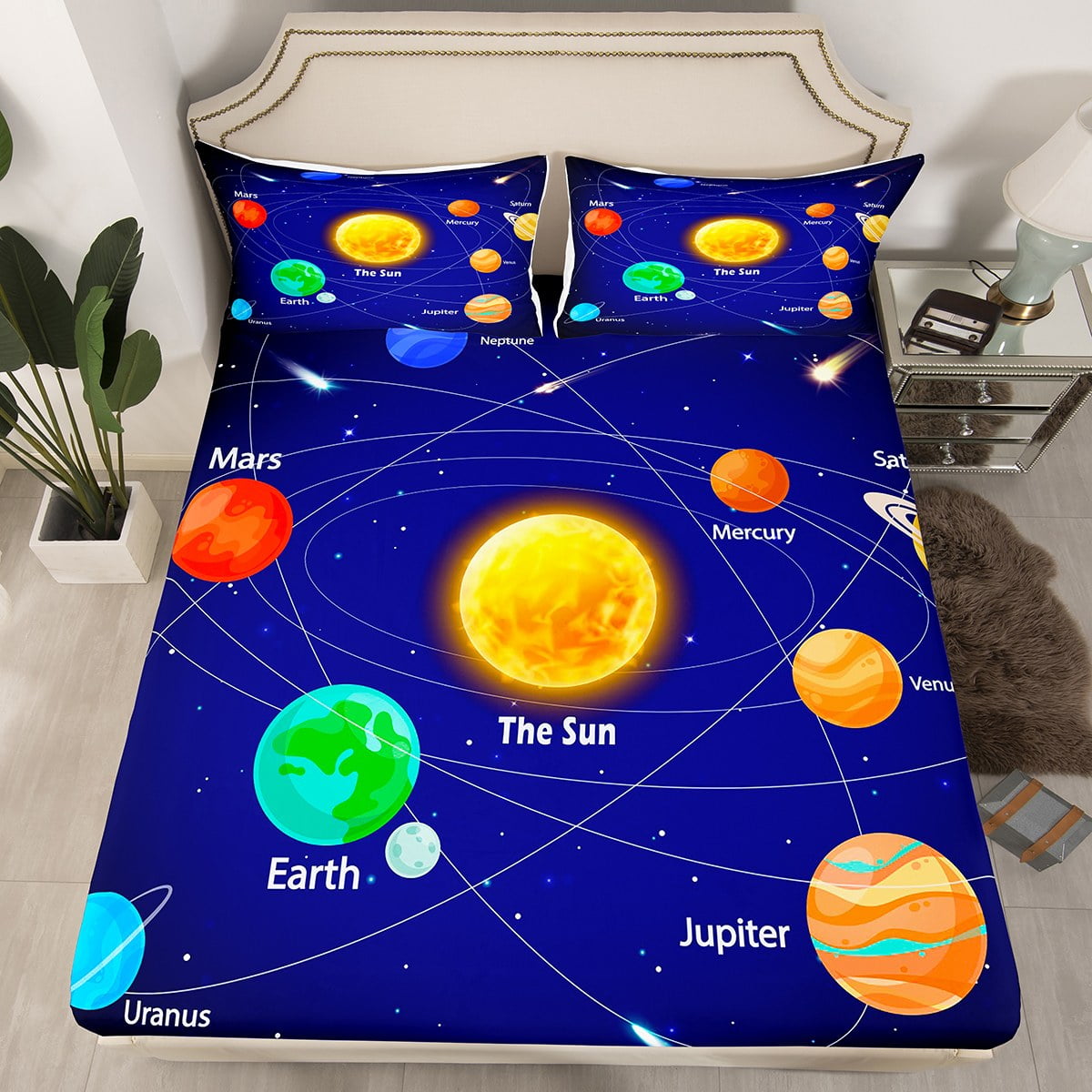 Solar System Fitted Sheet Galaxy Theme Bed Set Outer Space Twin