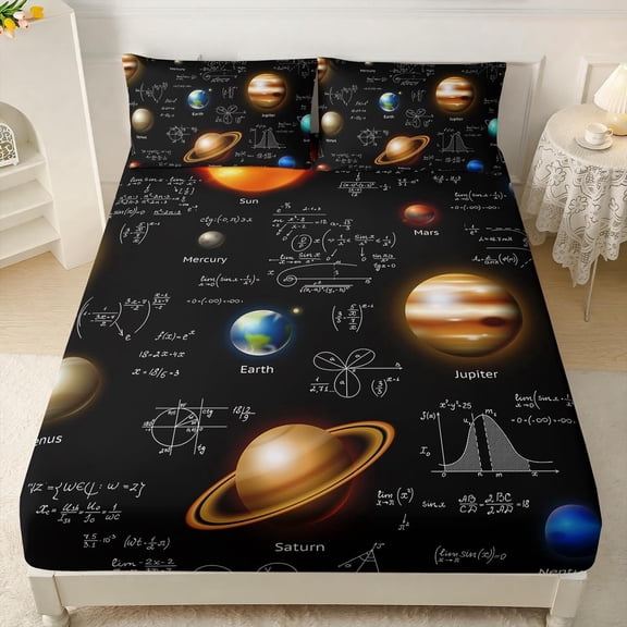 Solar System Fitted Sheet Set Twin Size,Math Planet Galaxy Bed Sheet Set for Kids Boys Girls,3 Pieces Outer Space Sheet Set,1 Fitted Sheet and 2 Pillowcases