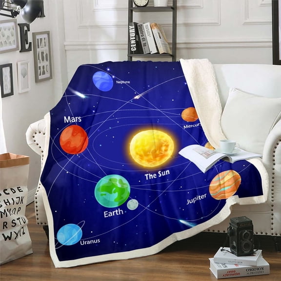 Solar System Fleece Blanket Outer Space King Fuzzy Blanket Galaxy Planet Theme Blanket ,ish Cartoon Style Plush Bed Blanket Twin Size ( Astronomy, Deep Blue)