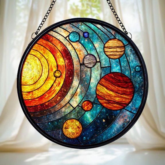 Solar System Glass Suncatcher, Round Planet Window Hanging Sun Galaxy Astronomy Space, 3.5 in