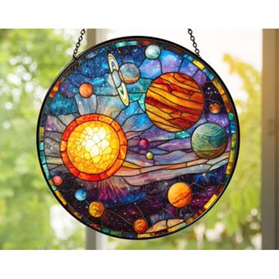 Solar System Glass Suncatcher – Space & Planets Window Hanging, Astronomy Galaxy Glass Panel, Science Lover Home Décor, 3.5 in