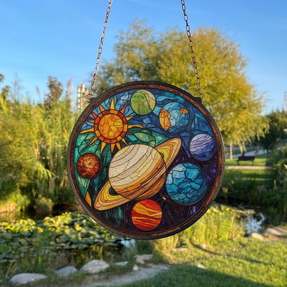 The Solar System Glass Suncatcher, Window Hanging Decor, Outdoor Sun Catcher Decor, Planets Wall Decor, Earth And Sun Nursery Decor, Suncatcher Window Hanging, 3.5 in