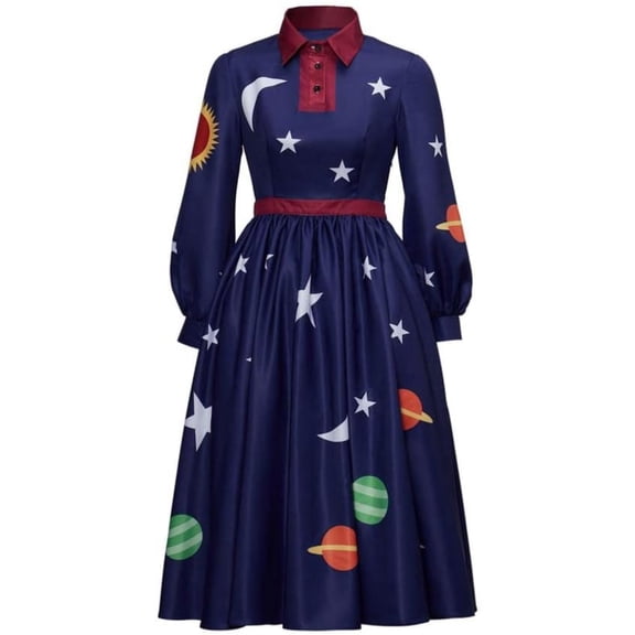Solar System Long Sleeves Dress Elegant Printed Blue Dress