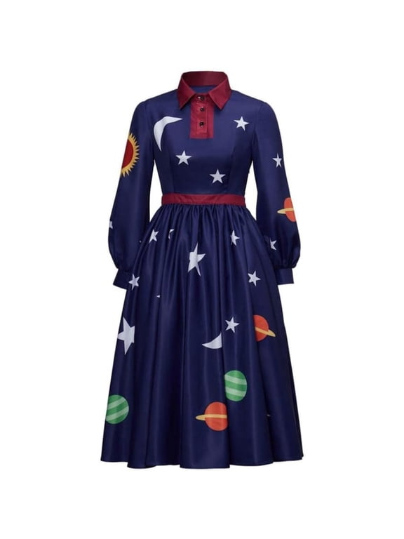 Solar System Long Sleeves Dress Elegant Printed Blue Dress