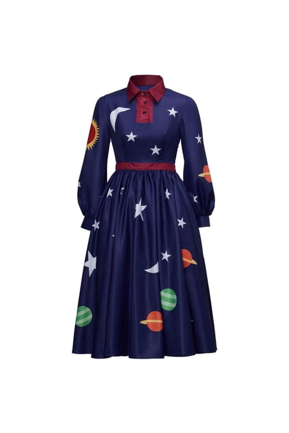 Solar System Long Sleeves Dress Elegant Printed Blue Dress