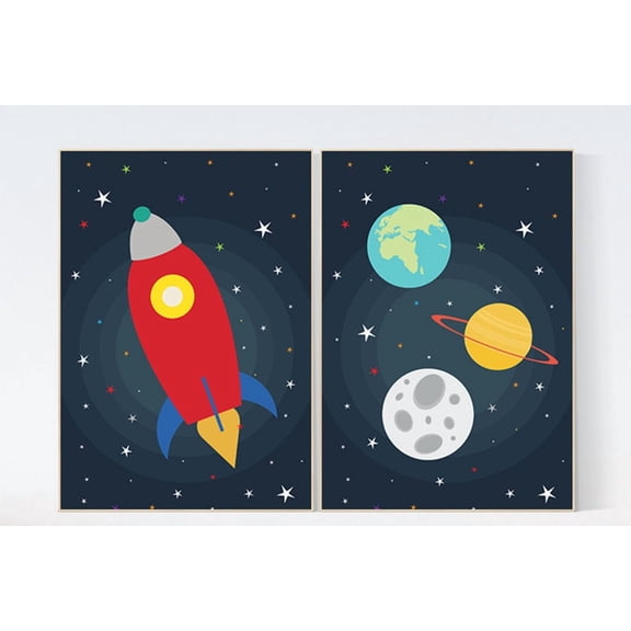 Solar System Nursery Wall Art Outer Space Prints Planets and Stars Baby Room Decor, Set 2, Poster Only