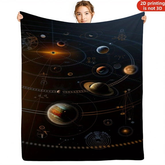 Solar System Planetary Orbit Flannel Throw Blanket - Soft Space-Themed Bedspread with All Planets in Correct Order (for MERCURY to Neptune), Dark Background - All-Season Couch, Camping, Dorm Decor -