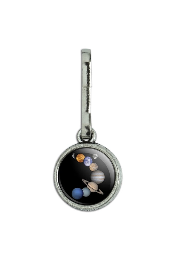 Solar System Planets Mercury Venus Mars Earth Moon Jupiter Saturn Uranus Neptune Antiqued Charm Clothes Purse Suitcase Backpack Zipper Pull Aid