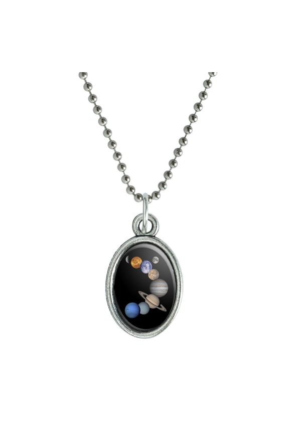 Solar System Planets Mercury Venus Mars Earth Moon Jupiter Saturn Uranus Neptune Antiqued Oval Charm Pendant with Chain