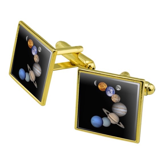 Solar System Planets Mercury Venus Mars Earth Moon Jupiter Saturn Uranus Neptune Square Cufflink Set - Silver or Gold