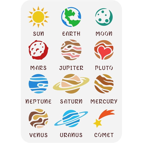 Solar System Planets Painting Stencil 8.3x11.7inch Reusable Outer Space Planets Pattern Drawing Template Sun Moon Earth Mars Plastic Stencil DIY Craft for Painting on Wall Wood Furniture White