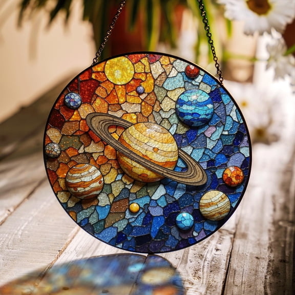 Solar System Planets Stained Glass Suncatcher, Cosmic Window Hanging, Unique Gift for Astronomy Lovers, Science Nerd Decor