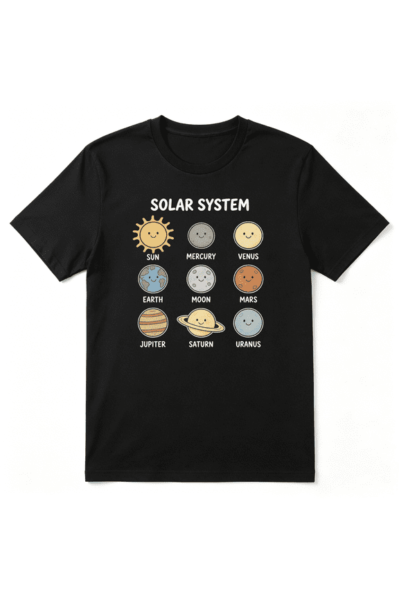 Solar System Planets Sun Mercury Venus Retro Graphic Tee for Men and Women, Fun Family Gift Cotton Short Sleeves T-Shirt