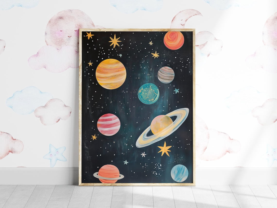 Solar System Planets Wall Art Colorful Space Room Decor Children Outer ...