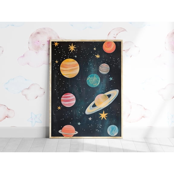 Solar System Planets Wall Art Colorful Space Room Decor Children Outer Artwork Printable Stars Night, Unframed Paper Poster 8x10in