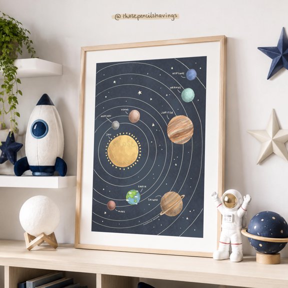 Solar System Print: Illustrated Planets, Outer Space Nursery Art , Poster Print Only
